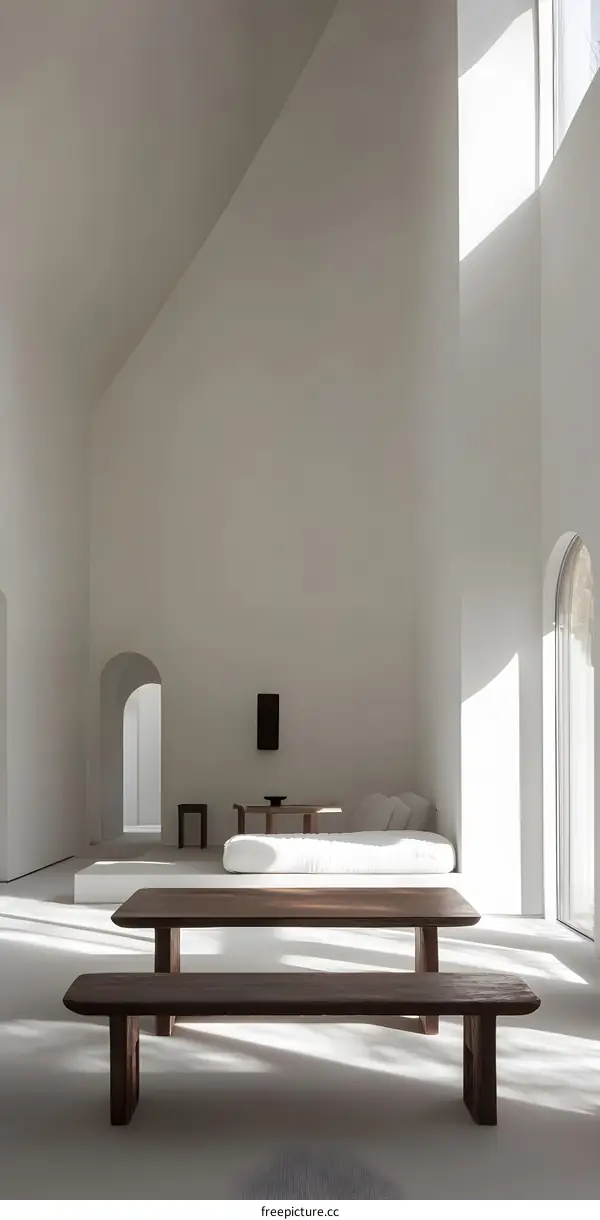 Minimalist Interior Design with Wooden Bench and White Walls