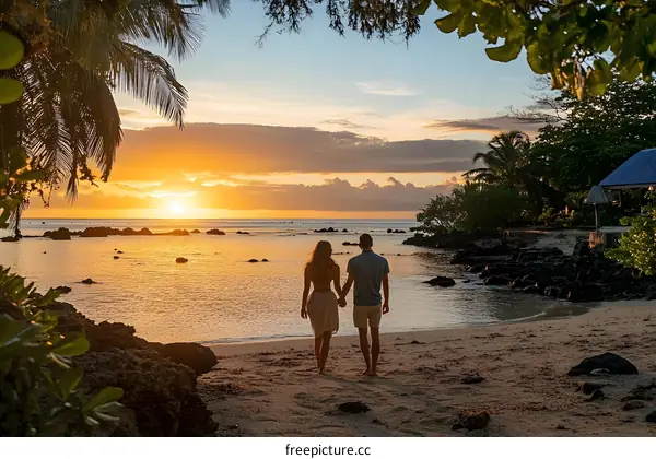 Couple Walking on Beach at Sunset with Tropical Landscape