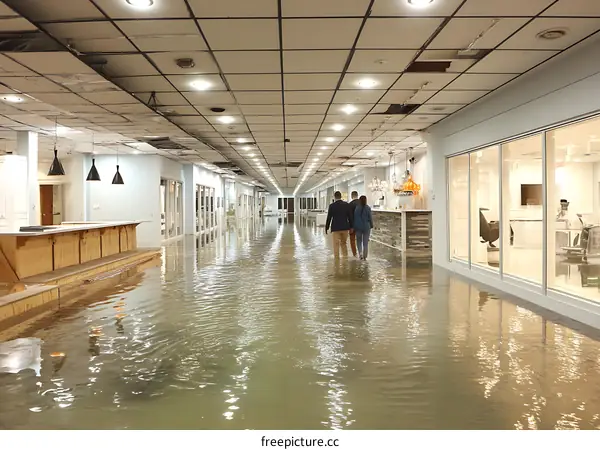 Flooded Interior Commercial Building with People