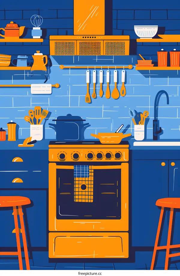 Kitchen Illustration with Yellow Stove and Blue Cabinets