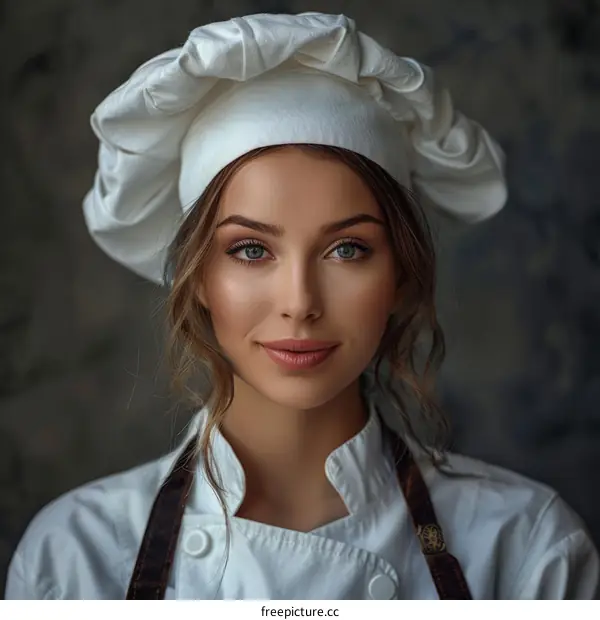 Portrait of a Young Female Chef Wearing White Toque and Apron