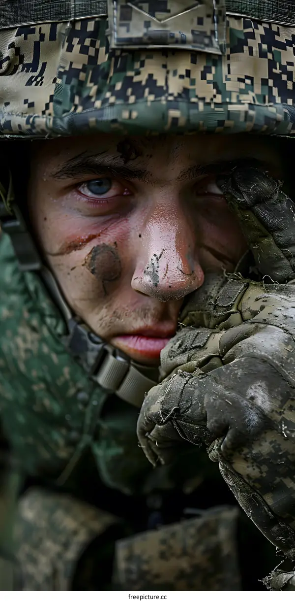 Close Up Of A Soldier Wearing Camouflage In A Military Uniform