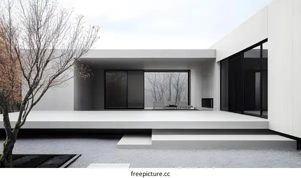 Modern Minimalist Concrete House with Large Windows and Patio