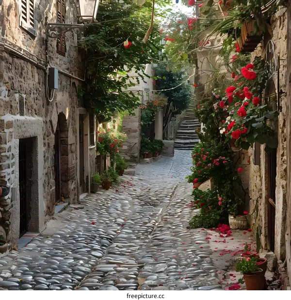 Cobblestone Street with Stone Buildings and Flowers in a European City
