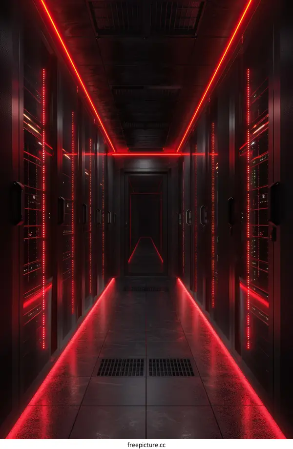 Futuristic Server Room: Red and Black Sci-Fi Design