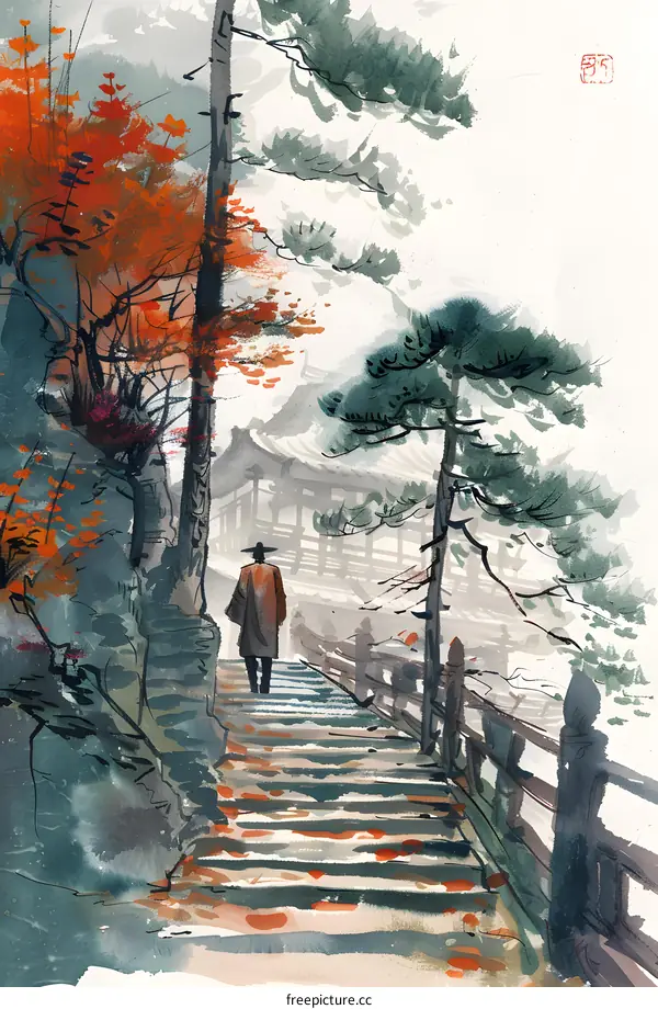 Watercolor Painting of a Person Walking Up Stairs in a Mountain Landscape