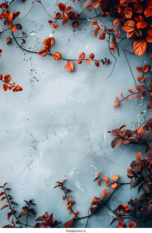 Red Leaves Vines on Blue Background