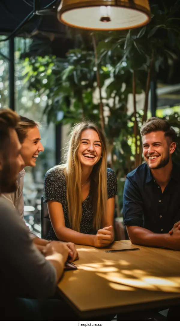 Four friends sitting at a table in a restaurant laughing