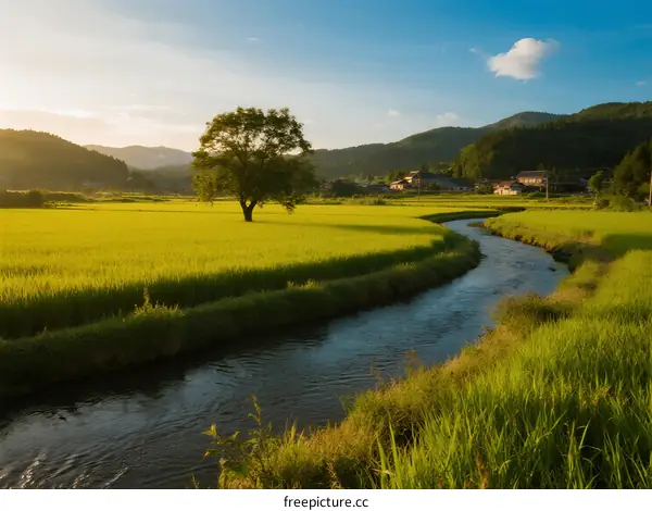 A lone tree stands in a lush green rice paddy beside a winding stream