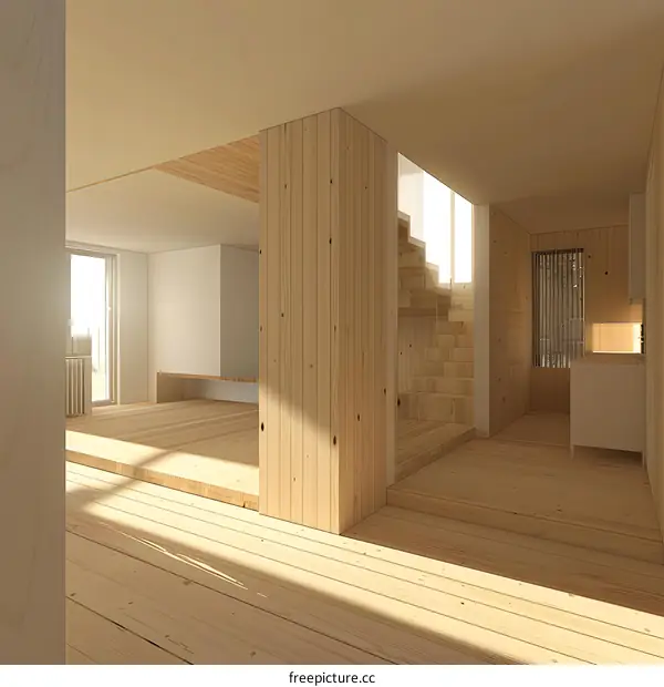 Modern Wooden Interior Design with Staircase and Natural Light