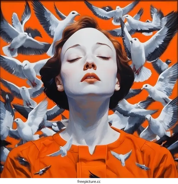 Woman with Closed Eyes Surrounded by Flying Doves