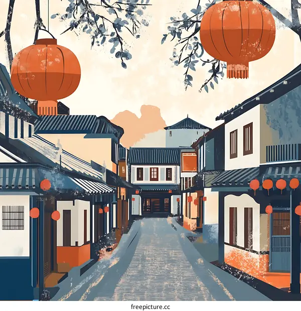 Chinese Style Street Illustration with Red Lanterns