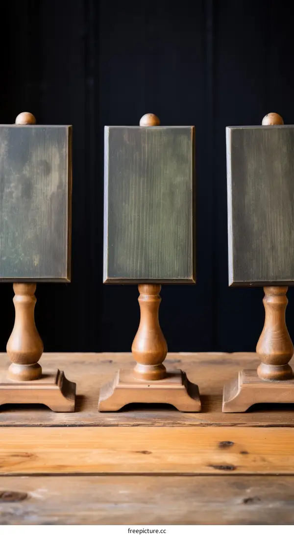 Three wooden signs on a wooden table against a dark background