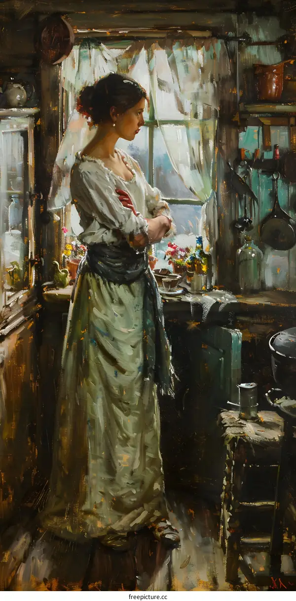Woman Standing by Window in Rustic Kitchen Interior