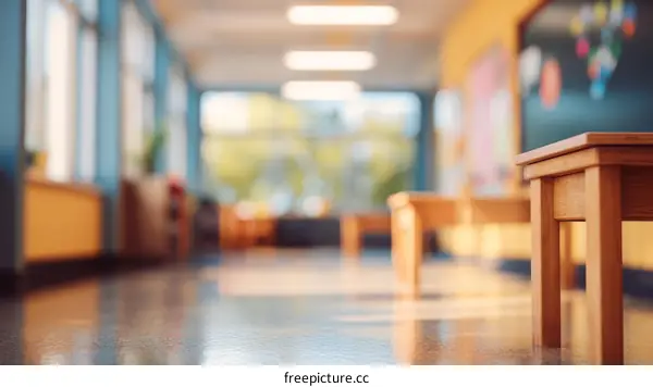 Blurred School Corridor with Wooden Furniture