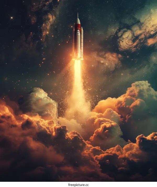 A rocket ship launching into space