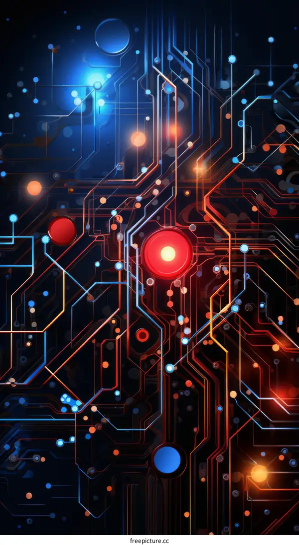 Glowing red circuit board with blue and orange highlights