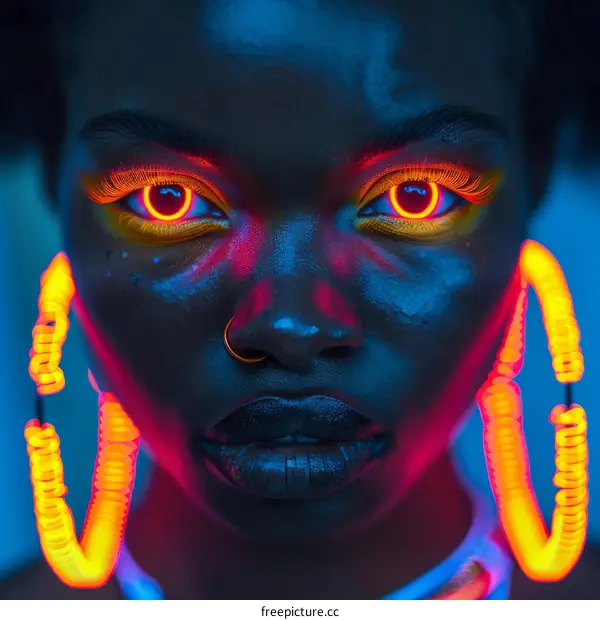 Neon Eyes Portrait: A Glowing Woman with Vibrant Colors