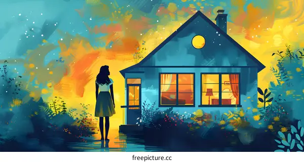 A girl standing in front of a house