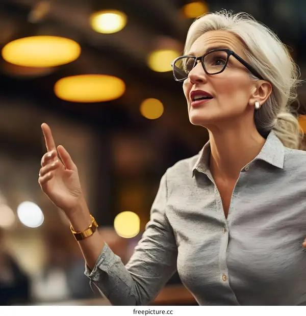 Woman in a Gray Shirt Looking Up and Pointing
