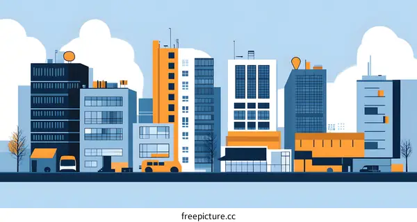 Modern Cityscape Illustration with Buildings, Clouds, and Buses