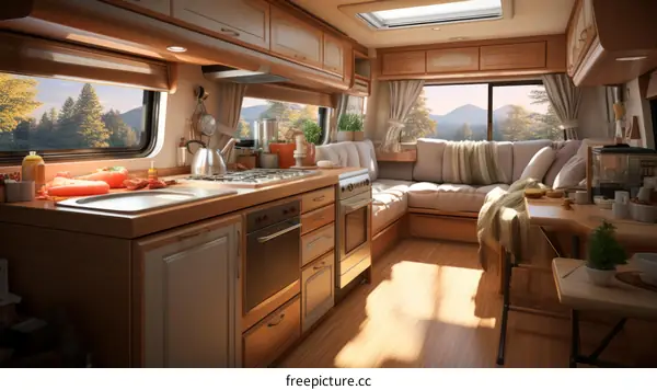 Inside a cozy camper van with a well-equipped kitchen and living area