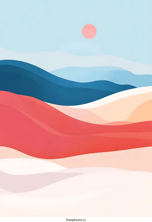 Abstract Landscape with Minimalist Sun and Wavy Hills