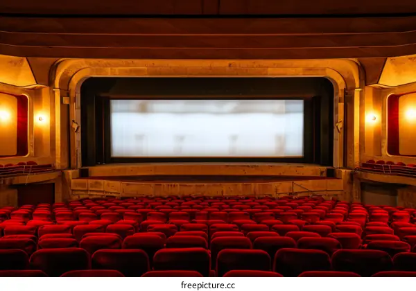 Empty retro cinema with red velvet seats and a blank screen
