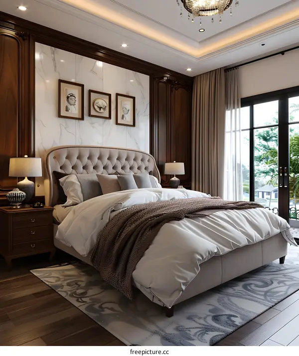 Elegant Bedroom Interior Design With Wooden Wall Panels And A Large Bed
