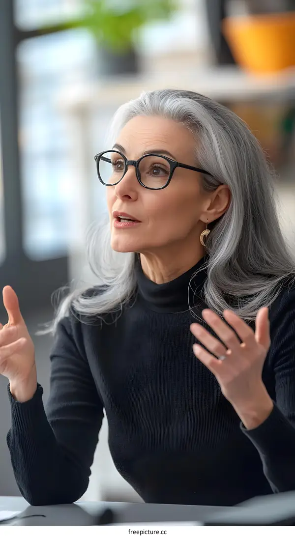 Woman In Black Sweater And Glasses Talking