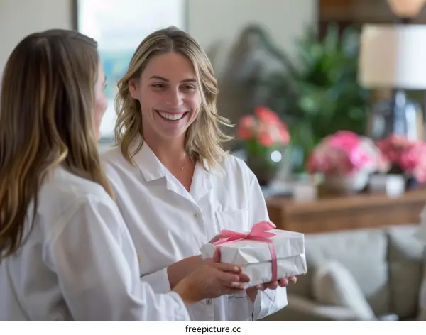 Two women in white robes holding a gift