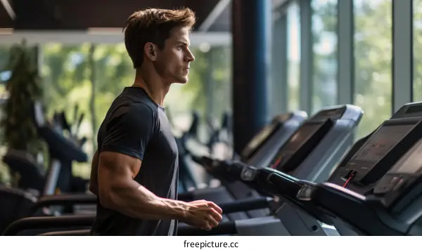 muscular man running on treadmill in modern gym