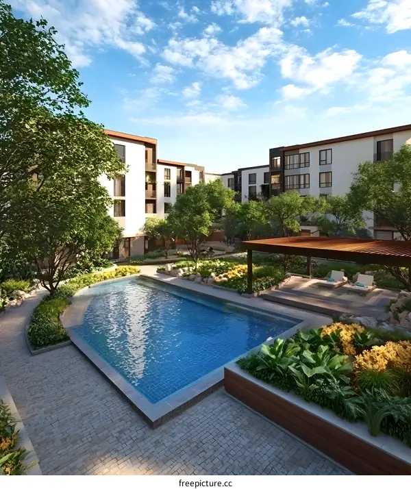 Modern Apartment Complex with Swimming Pool and Patio Area