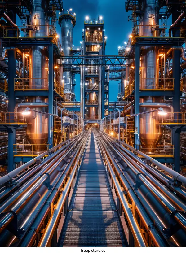 Aerial View of a Modern Oil Refinery at Night