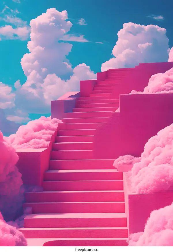 Pink Stairs Leading to Clouds in Dreamlike World