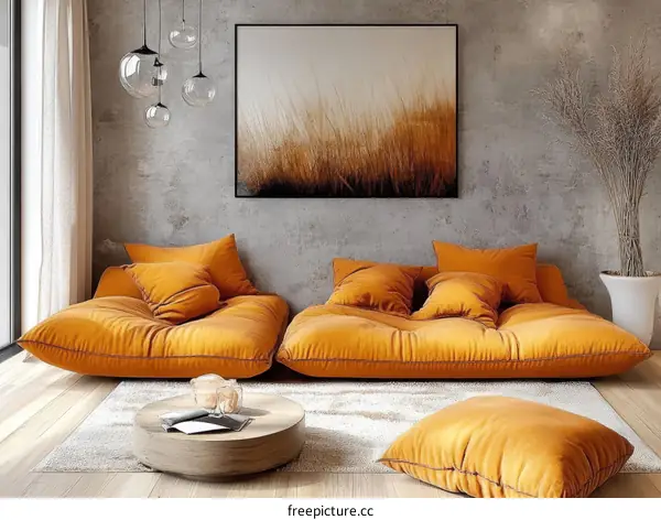 Modern Living Room with Orange Sofa