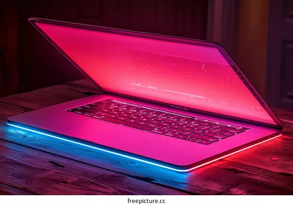 Laptop with pink and blue neon lights on a wooden table