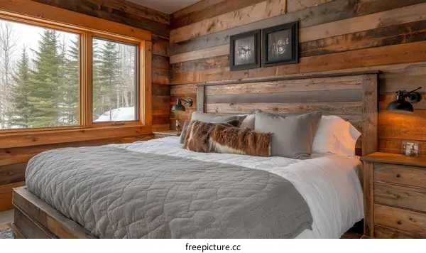Rustic Wooden Bedroom with Mountain View