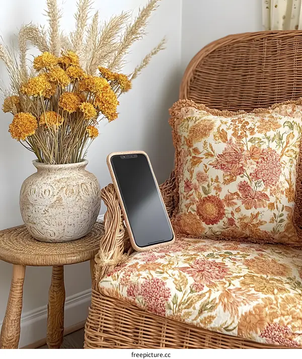Wicker Chair with Floral Pattern Cushions and Dried Flowers in a Vase