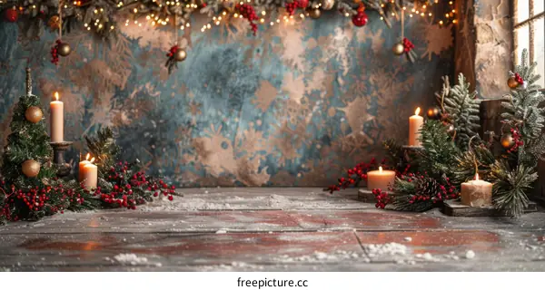 Christmas background with candles, fir branches and decorations