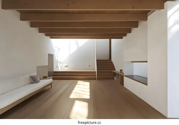 Minimalist Modern House Interior Design With Wooden Beams and Natural Light