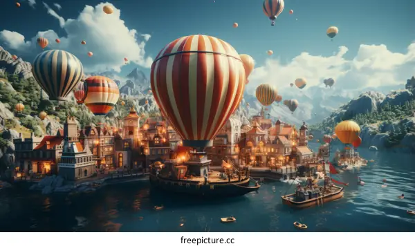 Hot Air Balloons Over Town By The Lake