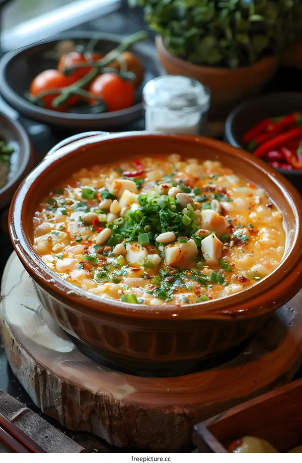 A delicious bowl of seafood soup with clams, shrimp, and vegetables