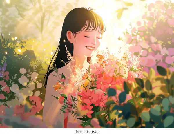 A Young Woman Smelling Flowers in a Garden