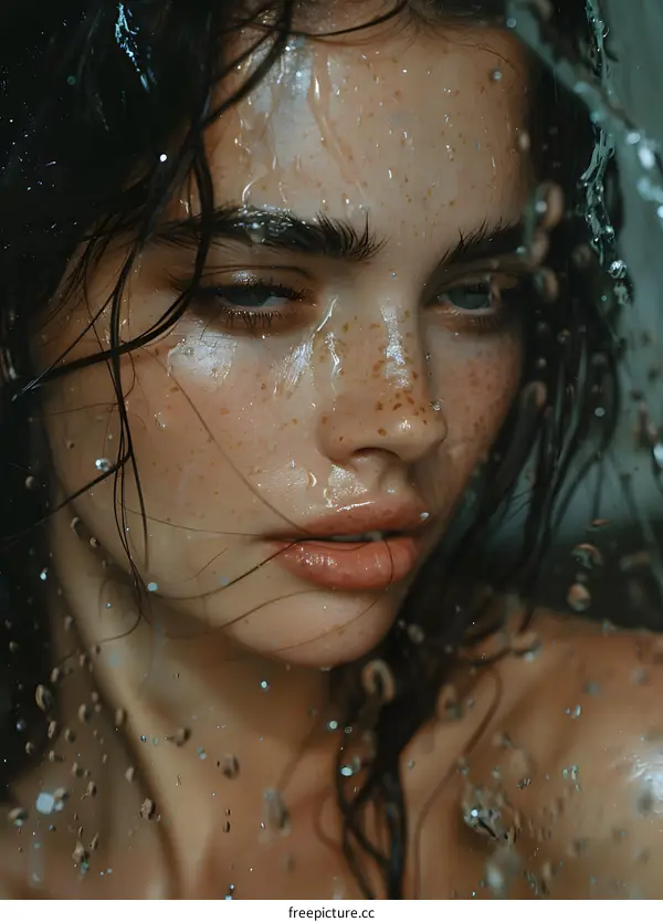 Portrait of a young woman with wet hair and freckles