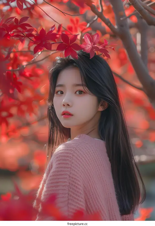 Young Asian Woman Posing in Front of Autumn Leaves