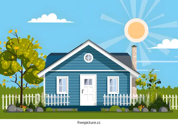 Blue House with White Fence and Green Grass