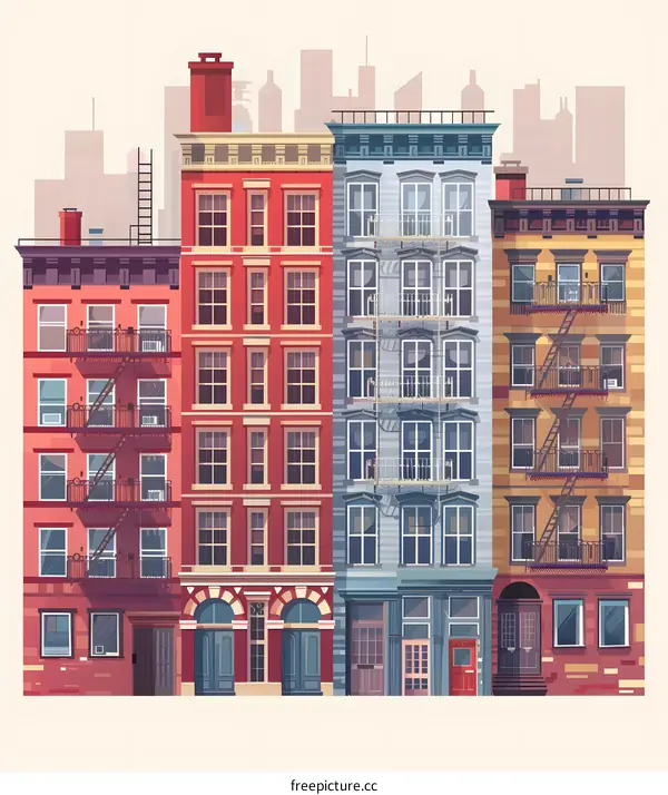 Colorful Illustration Of Old Row Houses In New York City