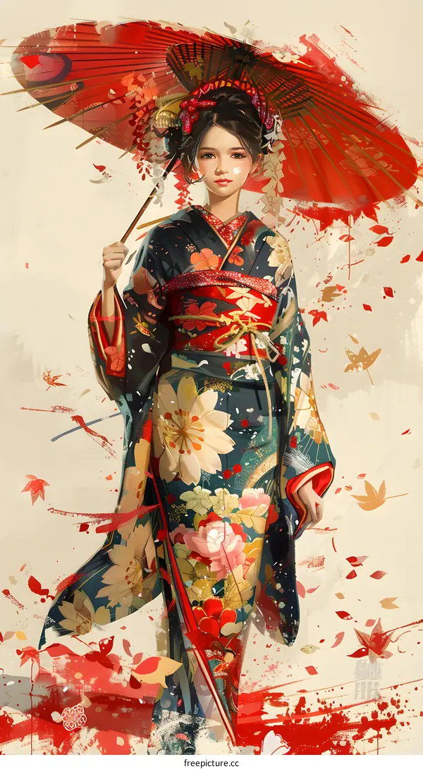 An illustration of a woman in a kimono holding a red umbrella.