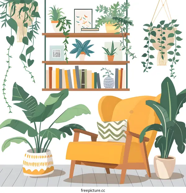 Living Room with Plants and a Yellow Armchair